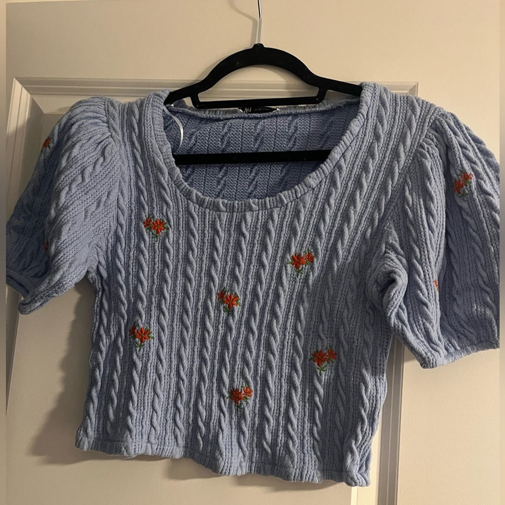 Zara Light Blue Cable Knit Crop Top with Floral Embroidery
